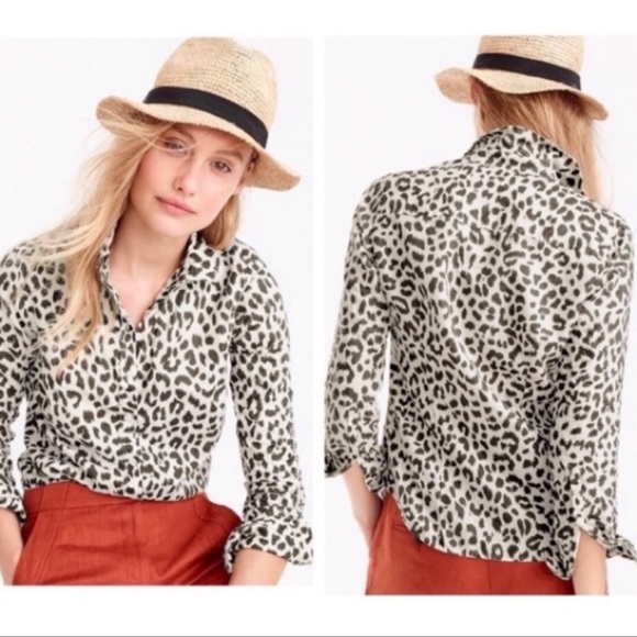 J. Crew Tops - J. Crew Leopard Print Perfect Shirt Blouse Linen   Size 4